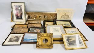 A BOX OF ASSORTED VINTAGE FRAMED PICTURES AND PRINTS TO INCLUDE A SET OF COLOURED BIRD PRINTS BY M