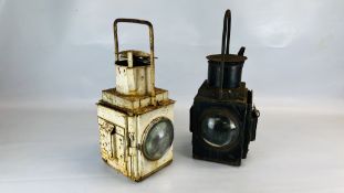 TWO VINTAGE RAILWAY LAMPS INCLUDING WHITE AND BLACK PAINTED - HEIGHT 47CM.