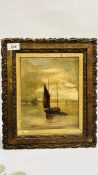 AN ANTIQUE FRAMED OIL ON BOARD OF A SAILING BOAT, UNSIGNED - W 19 X H 24CM.