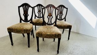 A SET OF 4 ANTIQUE MAHOGANY INLAID SHIELD BACK DINING CHAIRS WITH CARVED WHEAT DETAIL.