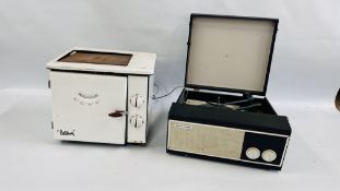 A VINTAGE ENAMELED "BELLING & CO" TYPE 51 TABLE TOP OVEN ALONG WITH PORTABLE RECORD DECK