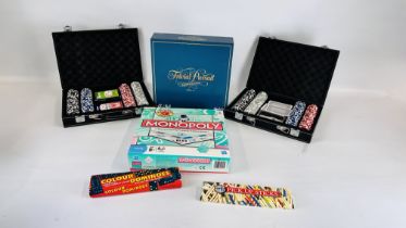 COLLECTION OF GAMES TO INCLUDE MONOPOLY, TRIVIAL PURSUIT, PICK UP STICKS + 2 CASINO SETS.