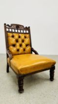 ANTIQUE EDWARDIAN MAHOGANY LOW CHAIR UPHOLSTERED IN TAN LEATHER - BUTTON BACK.