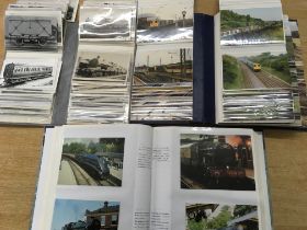 PHOTOGRAPHS: THREE FOLDERS WITH POSTCARD SIZE PHOTOGRAPHS OF RAILWAY ROLLING STOCK ETC,