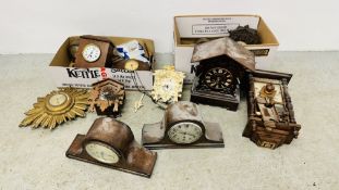 A GOOD COLLECTION OF VINTAGE CLOCKS AND CLOCK PARTS AND ACCESSORIES TO INCLUDE AN OAK CASED CUCKOO
