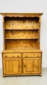 HONEY PINE TWO DRAWER TWO DOOR DRESSER WITH SHELVED TOP AND BARLEY TWIST SUPPORTS, W 121CM, D 42CM,