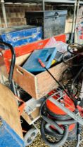 AN EXTENSIVE GROUP OF SHED SUNDRIES TO INCLUDE FIXING AND FITTINGS, CLARKE JUMBO AIR COMPRESSOR,
