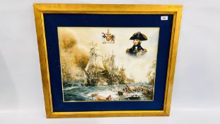 FRAMED AND MOUNTED "BATTLE OF TRAFALGAR" PRINT, 46.5CM X 57.5CM.