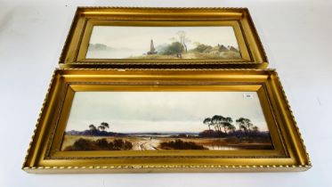 2 FRAMED LANDSCAPE WATER COLOURS "EVENING MISTS" AND "EVENING ON THE COMMON" BEARING SIGNATURE F.