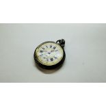 A VINTAGE WHITE METAL POCKET WATCH AND ENAMELED DIAL (A/F) MARKED "REMONTOIR" TO REVERSE - DIAM 5CM.