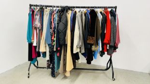 LARGE COLLECTION OF MAINLY WOMEN'S CLOTHING JACKETS, TWEED JACKETS, TOPS, SUIT JACKETS, OVER COATS,
