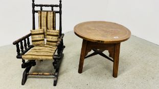 ANTIQUE CHILD'S BOBBIN TURNED ROCKING CHAIR AND OAK CIRCULAR TABLE WITH COPPER TOP.