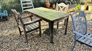 A HARDWOOD GARDEN TABLE 152CM X 76CM ALONG WITH TWO HARDWOOD CHAIRS.