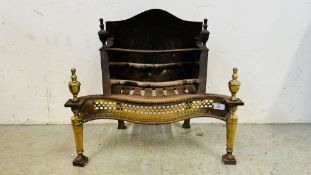 A CAST AND BRASS ANTIQUE FIRE BASKET OVERALL WIDTH 56CM.