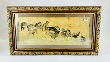 VINTAGE LOUIS WAIN STYLE PRINT CATS ON "SEE-SAW" IN ORNATE FRAME, 27.5CM X 70.5CM.