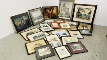 A COLLECTION OF APPROX 27 MIXED PICTURES, PRINTS AND ETCHINGS INCLUDING WATERCOLOURS,
