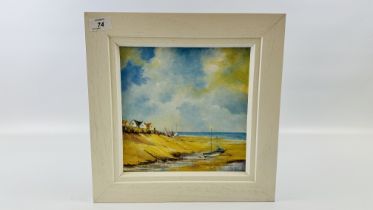 AN ORIGINAL FRAMED OIIL ON BOARD "HARBOUR SIDE" BEARING SIGNATURE JUDITH A. SHAW - W 24CM X H 24CM.