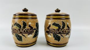 A PAIR OF ANTIQUE DOULTON LAMBETH "DOULTON & STATERS PATENT" STONEWARE TOBACCO JARS - H 12.