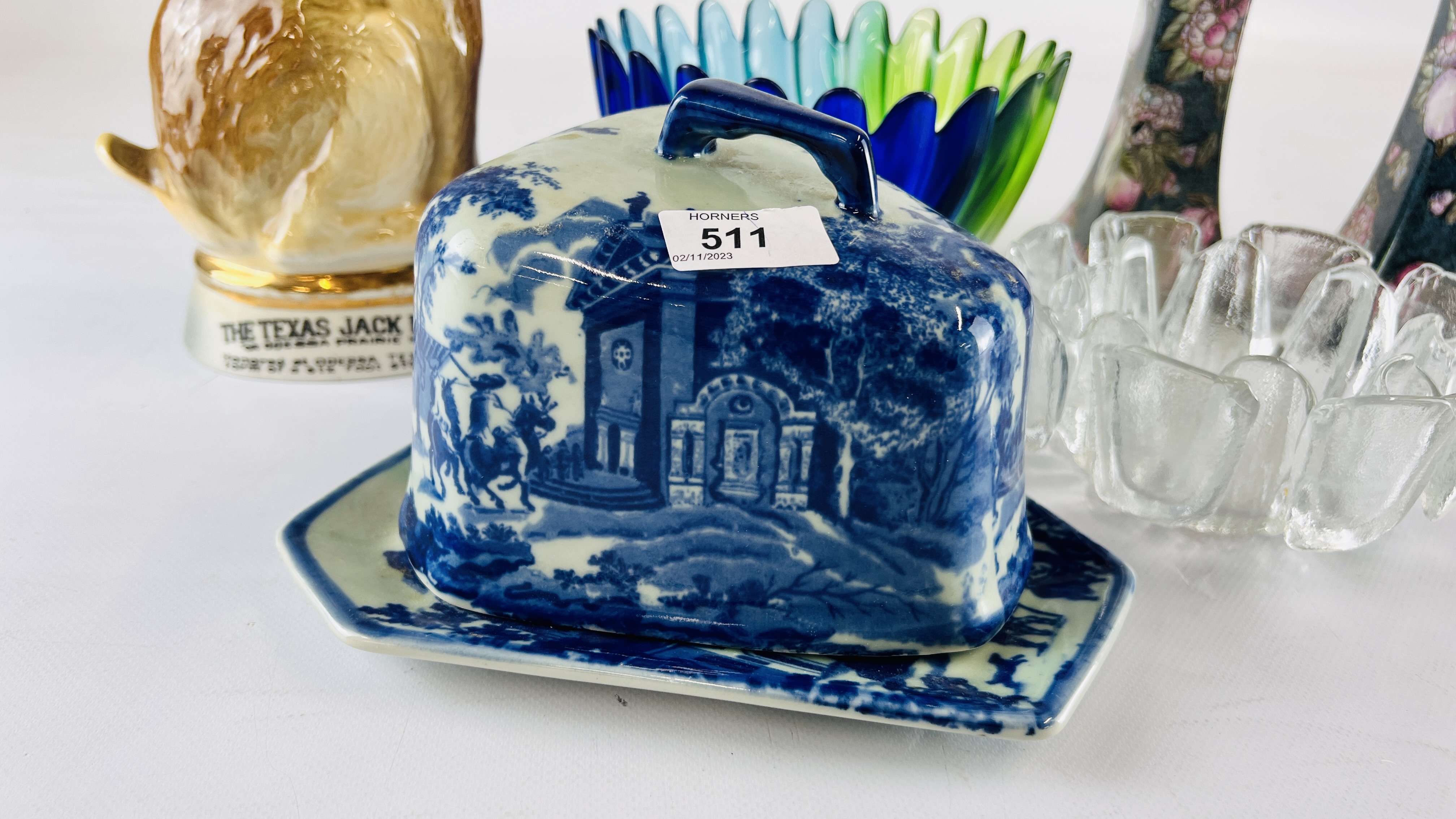 (R) BLUE AND WHITE IRONSTONE CHEESEDISH, PAIR REPRODUCTION FRUIT DECORATED CANDLESTICKS, - Image 2 of 7