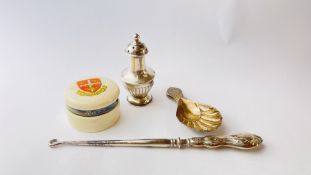 A GEORGIAN STYLE CADDY SPOON SHEFFIELD 1999, 1898 CHESTER SILVER PEPPER, A LIDDED POT SILVER BANDED,