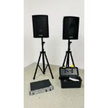 A SKYTEC 6500 STEREO AMPLIFIER (2 X 250W) PLUS 2 X 300W SPEAKERS C/W FOLDING TRIPOD STANDS - SOLD