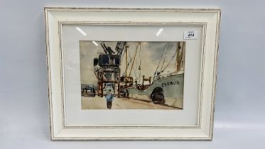 A WATERCOLOUR OF GREAT YARMOUTH HARBOUR SCENE BEARING SIGNATURE ROLAND FISHER,