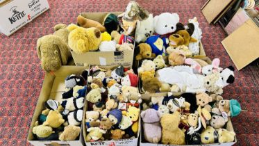 6 BOXES CONTAINING AN ASSORTMENT OF SOFT TOYS, BEARS, RABBITS, DOGS, CATS ETC.