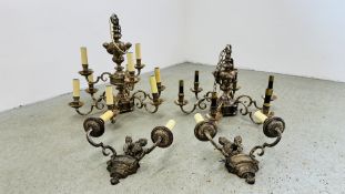A GROUP OF 4 LIGHT FITTINGS TO INCLUDE A 9 BRANCH PLATED CHANDELIER WITH CHERUB DETAIL,