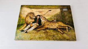 OIL ON CANVAS OF A EARLY C20TH TIGERS AND GENTLEMAN, 36CM X 26CM.