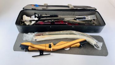 CASE CONTAINING ARCHERY BOWS AND ACCESSORIES TO INCLUDE WOODEN BODY, CANTED BODY,