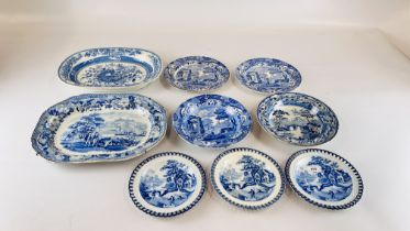 SPODE BLUE AND WHITE DISH AND ONE SIMILAR EXAMPLE AND TWO BLUE AND WHITE PLATES PRINTED WITH