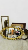 A GROUP OF 3 FRAMED MIRRORS INCLUDING DECORATIVE GILT FRAMED + 2 PICTURE FRAMES INCLUDING GILT