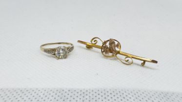 A 9CT GOLD SOLITAIRE, CZ ALONG WITH A VINTAGE 9CT GOLD BROOCH A/F.