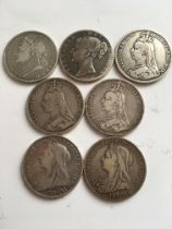 COINS: ENGLISH CROWNS 1821, 1847, 1889, 1890, 1891, 1898 (LXII), 1900 (LXIII) (7).