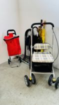 A GOOD QUALITY WHEELED WALKER UPHOLSTERED IN CHECK MATERIAL, 1 SHOPPING TROLLEY AND 2 FOLDING SEATS.