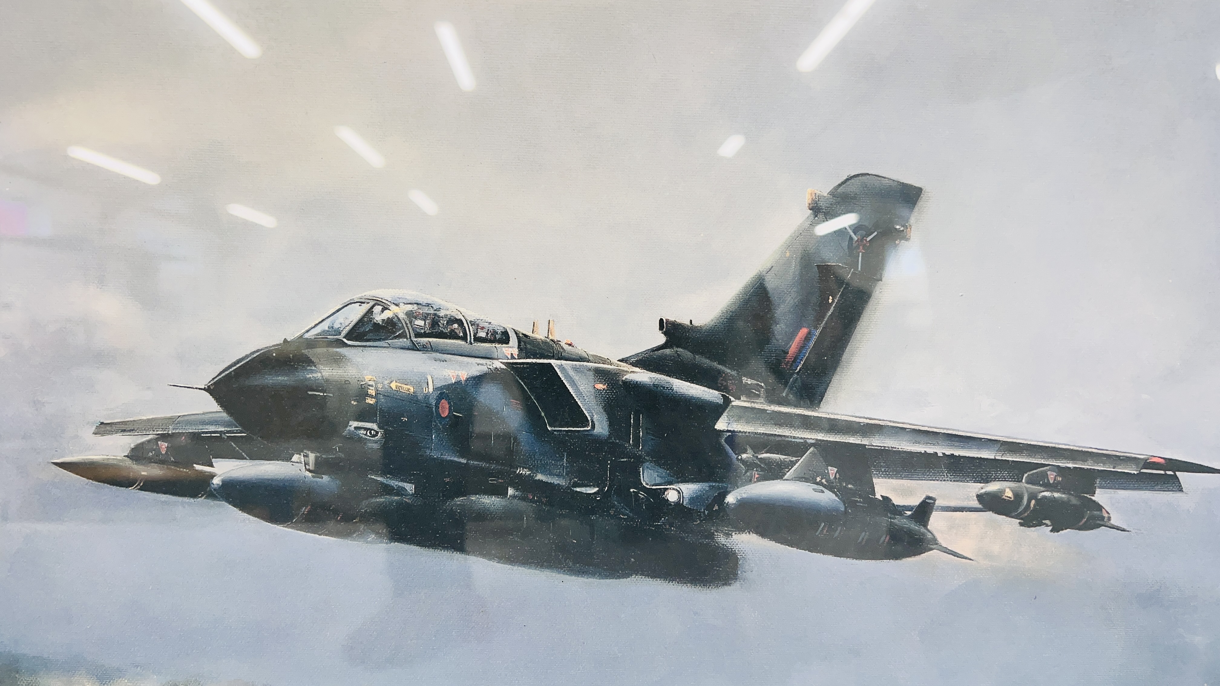 A FRAMED PRINT "EVERGREEN" TORNADO GRI AIRCRAFT BY MICHAEL RONDAT, W 66CM X H 40CM. - Image 3 of 5