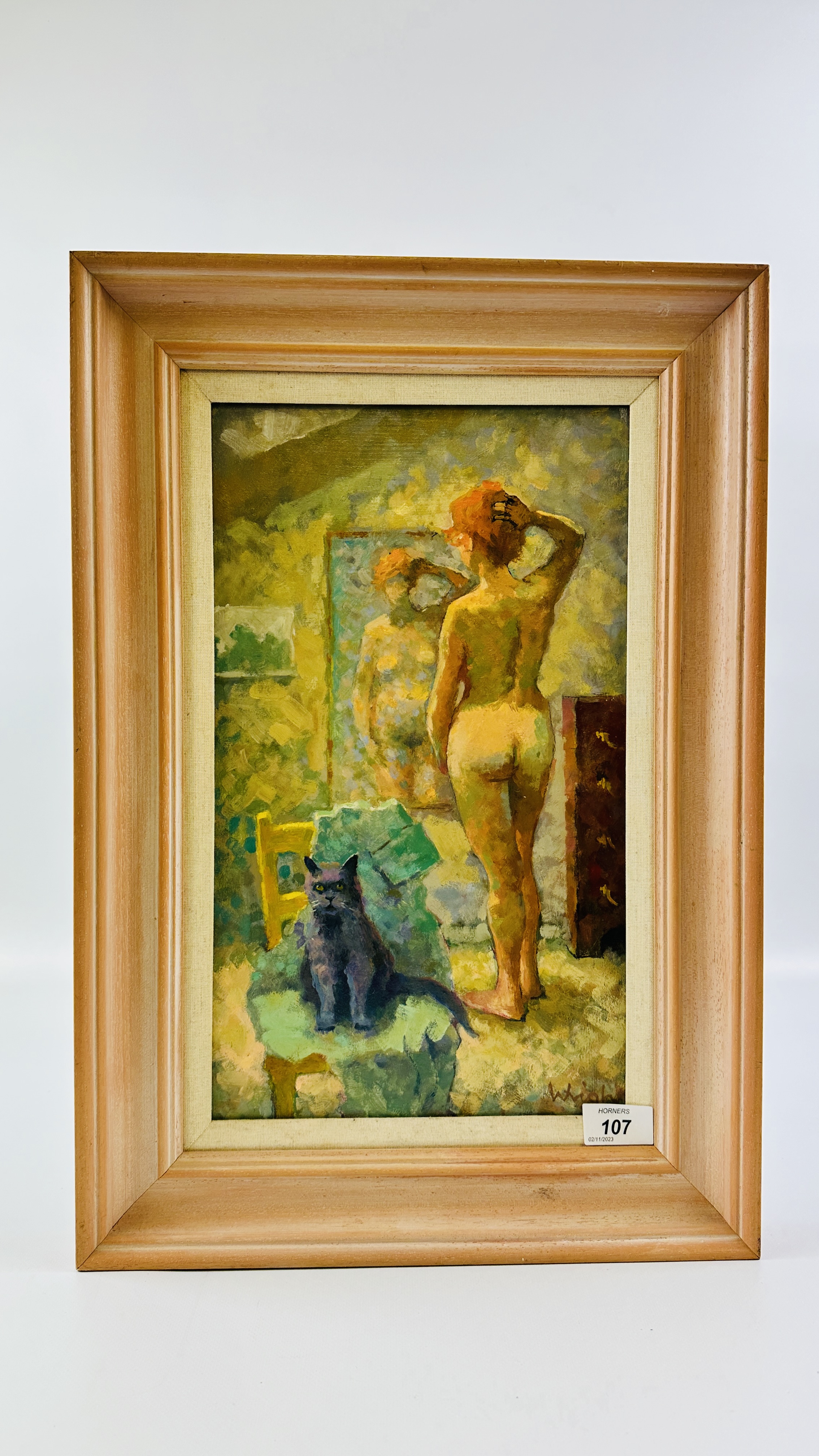 OIL ON BOARD NUDE STUDY BEARING SIGNATURE WRIGHT (F.A. WRIGHT) W 23CM X H 39CM.
