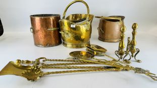 A BRASS COAL BUCKET ALONG WITH A PAIR OF BRASS FIRE DOGS AND SET OF THREE FIRE IRONS,