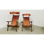 A PAIR OF GEEBRO "THE OCEAN CHAIR" DECK CHAIRS WITH SUN SHADES.