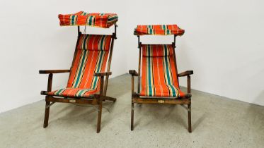 A PAIR OF GEEBRO "THE OCEAN CHAIR" DECK CHAIRS WITH SUN SHADES.