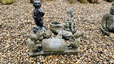 A GROUP OF 7 STONEWORK GARDEN FEATURES TO INCLUDE MUSICAL CAT, GNOME, BOOT, PIXIES ETC.