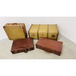 A VINTAGE TWO HANDLED CANVAS TRUNK, 3 VINTAGE SUITCASES TO INCLUDE 2 BROWN LEATHER EXAMPLES.