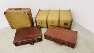 A VINTAGE TWO HANDLED CANVAS TRUNK, 3 VINTAGE SUITCASES TO INCLUDE 2 BROWN LEATHER EXAMPLES.