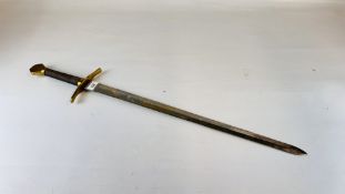 A REPRODUCTION SWORD WITH GILT AND BRAIDED HANDLE - NO POSTAGE OR PACKING.