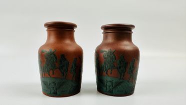 A PAIR OF PRATTWARE RED TERRACOTTA MEAT PASTE JARS "THE WORLD'S ALL A STAGE" H 9.5CM.