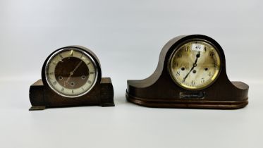 TWO VINTAGE OAK FINISH MANTEL CLOCKS TO INCLUDE A MAPPIN & WEBB EXAMPLE WITH A PRESENTATION PLAQUE