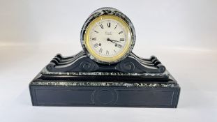 A VINTAGE STYLE SLATE AND MARBLE MANTEL CLOCK MARKED "COMITTI" - W 50 X D 14.5 X H 31.5CM.
