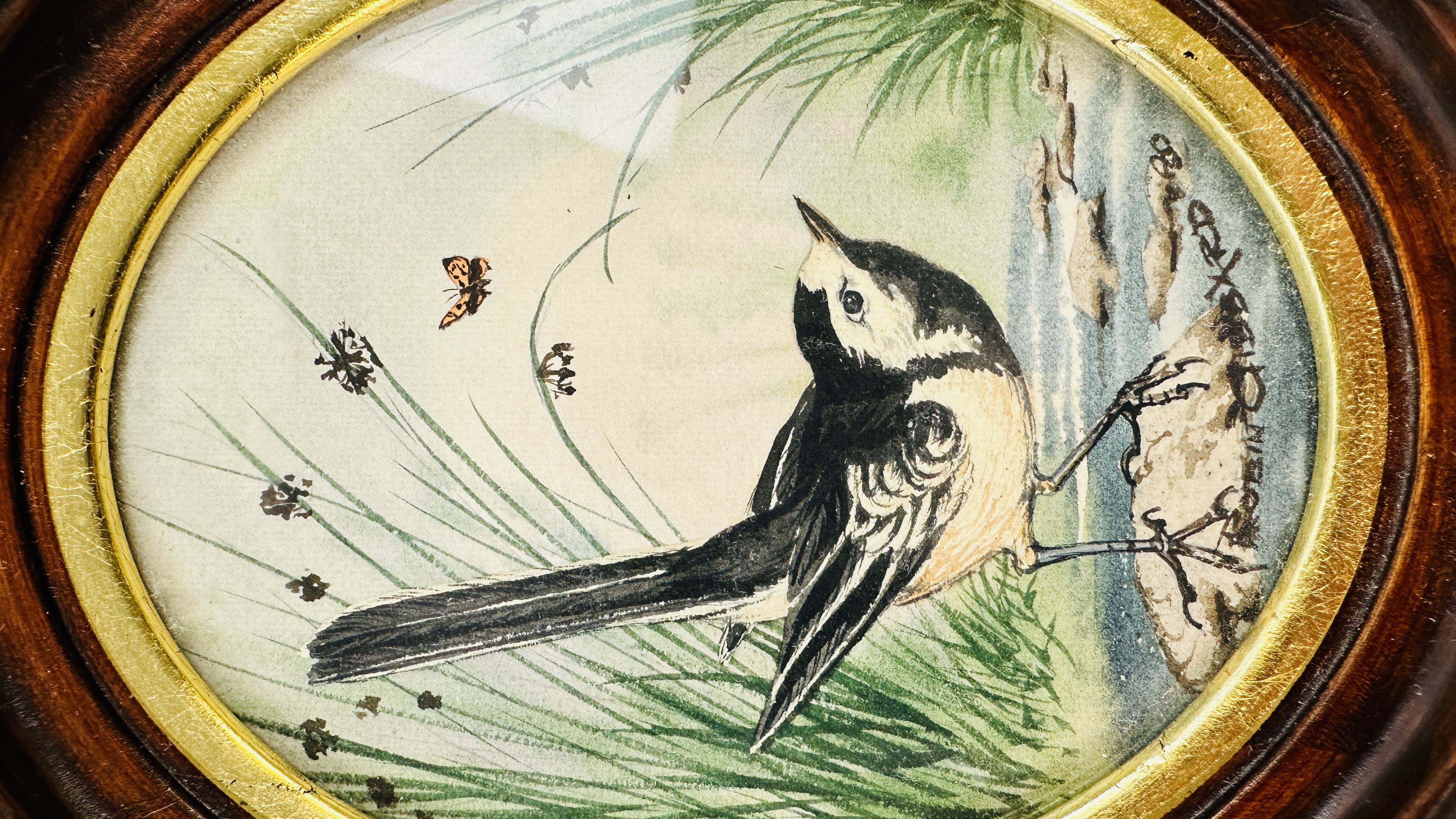 AN ORIGINAL OVAL FRAMED WATERCOLOUR DEPICTING A "PIED WAGTAIL" BEARING SIGNATURE GIBBARD DATED 1980 - Image 2 of 3