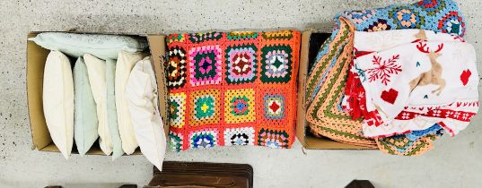 3 BOXES CONTAINING CROCHET BLANKETS, PILLOWS, BLANKETS, ETC.