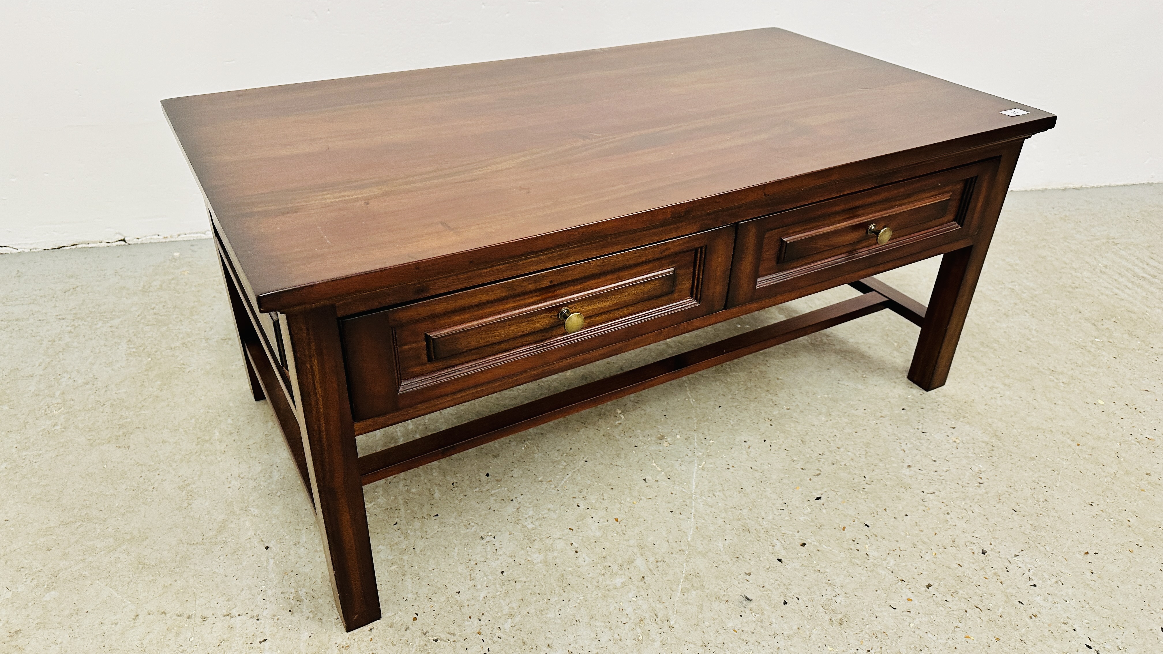 A DARK WOOD TWO DRAWER RECTANGULAR COFFEE TABLE - 110CM X 60CM. - Image 3 of 9